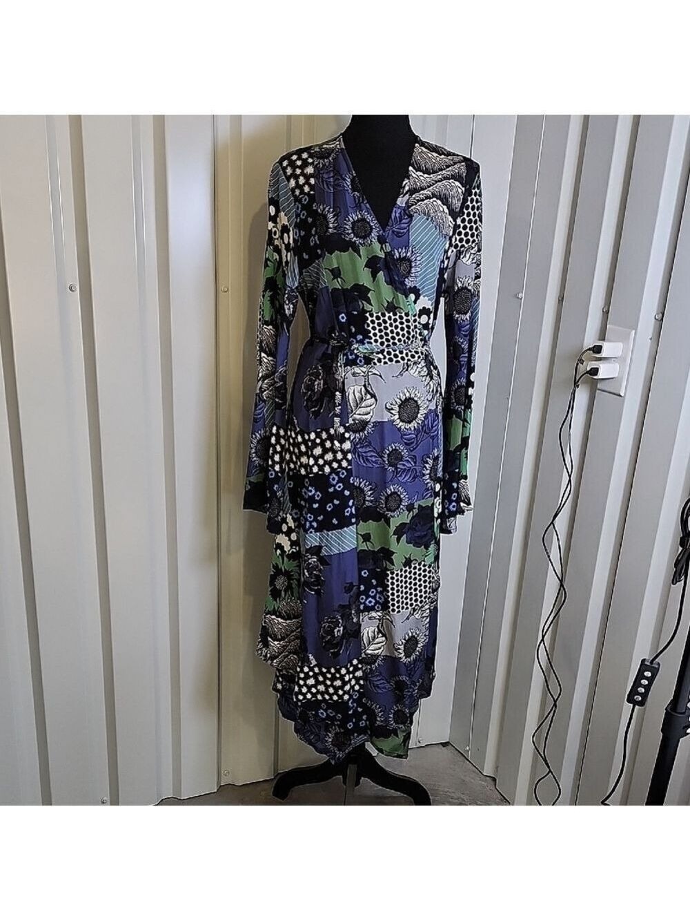 Dhruv Kapoor Floral Patchwork Wrap Maxi Dress - Blue, Green, Black Large